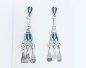Native American Zuni handmade sterling silver turquoise needlepoint long drop earrings