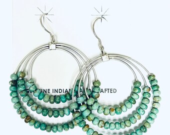 Native American Navajo Handmade Sterling Silver Turquoise Dangle Hoop Earrings