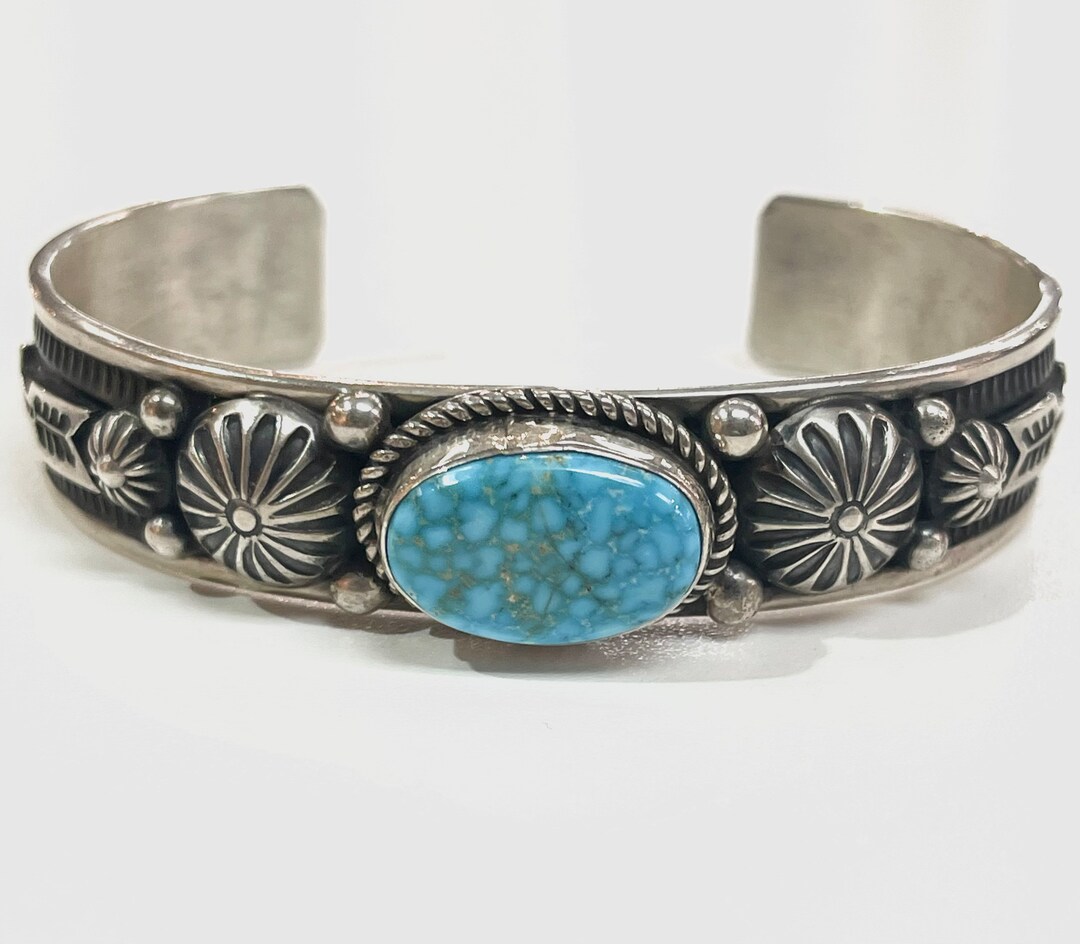Native American Navajo Handmade Sterling Silver Turquoise Cuff Bracelet ...