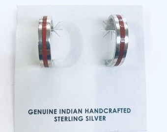Native American Zuni handmade sterling silver Mediterranean coral half inlay hoops