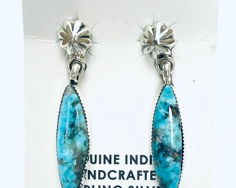 Native American Navajo Handmade Sterling Silver Turquoise Dangle Stud Earrings