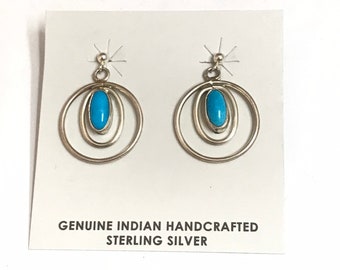 Native American Navajo Handmade Sterling Silver Sleeping Beauty Turquoise Dangle Earrings