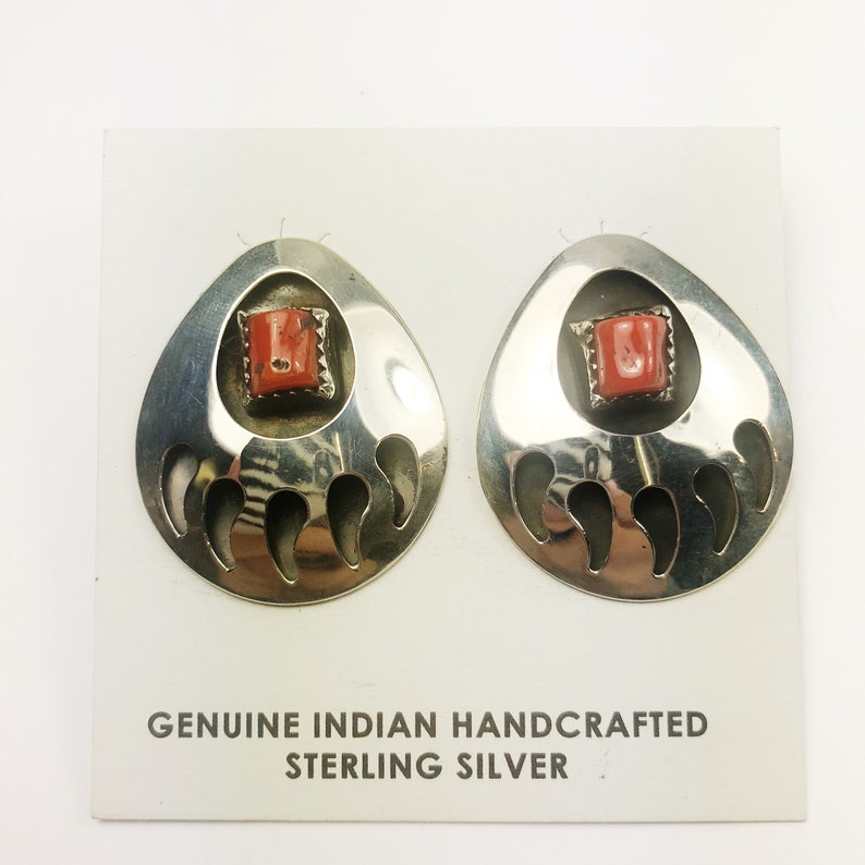 Native American Navajo Handmade Sterling Silver Coral Bearclaw Earrings