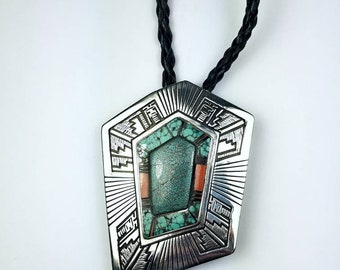 Native American Navajo handmade Sterling Silver inlay Turquoise Onyx Coral stone bolo tie