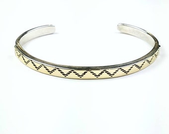 Native American Navajo handmade Sterling Silver 14k Gold overlay cuff bracelet