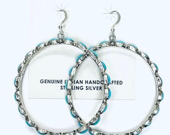Native American Zuni Handmade Sterling Silver Turquoise Dangle Hoop Earrings