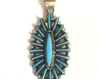 Native American Zuni Handmade Sterling Silver Sleeping Beauty Turquoise Needlepoint Pendant