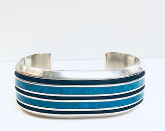 Larry Loretto Zuni Handmade Sterling Silver Turquoise inlay cuff bracelet