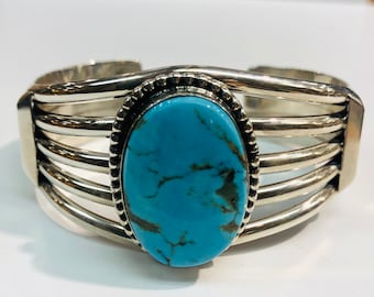 Native American Navajo handmade sterling silver turquoise adjustable cuff bracelet