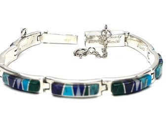 Native American Handmade Navajo Sterling Silver Multi-Stone and Shell  Inlay Link Bracelet