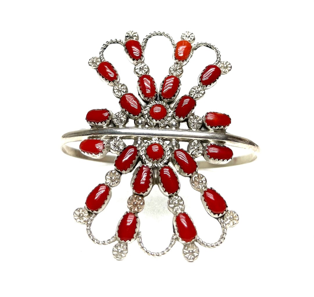 Native American Zuni Handmade Sterling Silver Coral Cuff Bracelet - Etsy