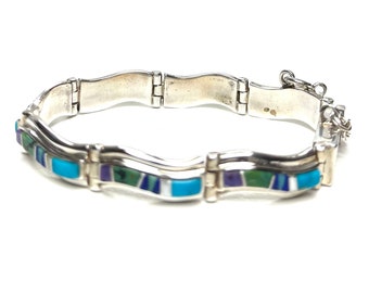Native American Navajo handmade Sterling Silver multi-stone inlay link bracelet