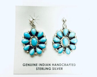 Native American Zuni Handmade Sterling Silver Turquoise Dangle Stud Earrings