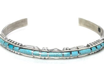 Native American Navajo handmade Sterling Silver Sleeping Beauty Turquoise Inlay cuff bracelet