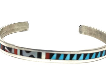 Native American Zuni handmade Sterling Silver Turquoise and multi stone and shell inlay cuff bracelet