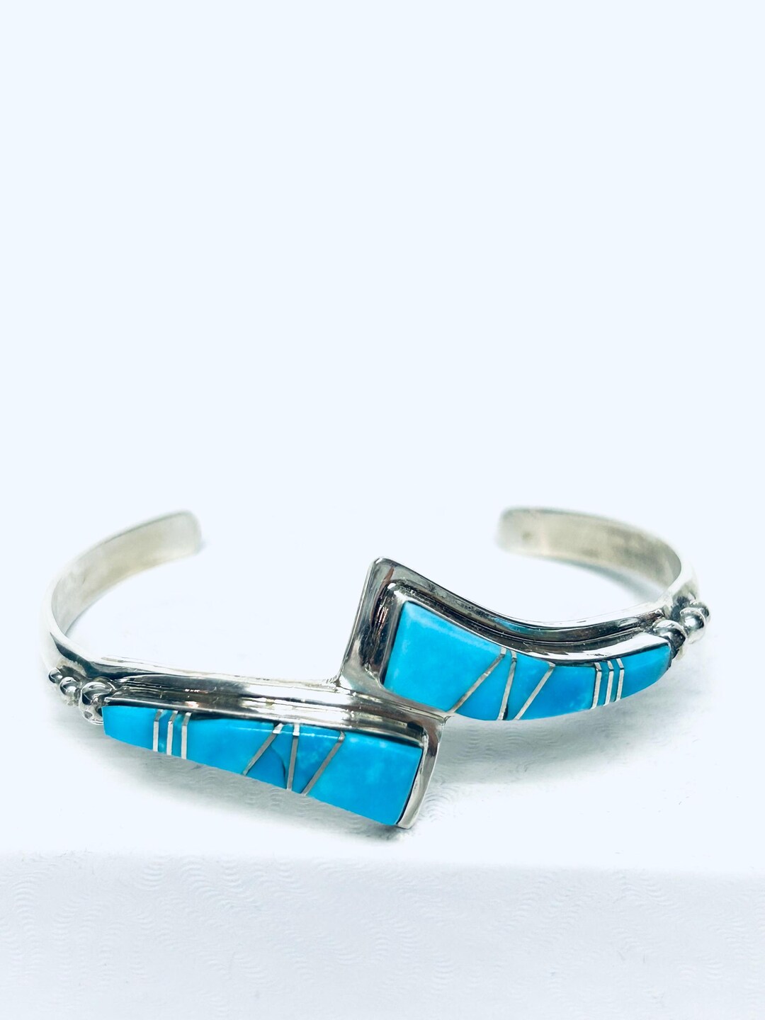 Native American Zuni Handmade Sterling Silver Turquoise Inlay Cuff ...