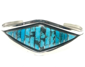 Native American Zuni handmade Sterling Silver Turquoise Inlay cuff bracelet