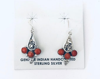 Native American Navajo handmade sterling silver and coral dangle earrings