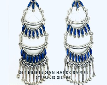 Native American Zuni Needlepoint Handmade Sterling Silver Lapis Dangle Earrings