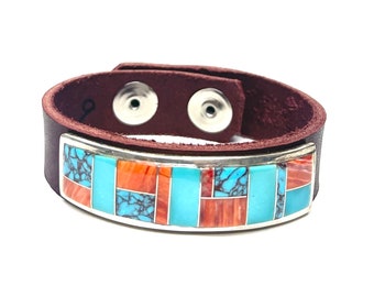Native American Handmade Navajo Sterling Silver Turquoise and Shell Inlay Leather Bracelet