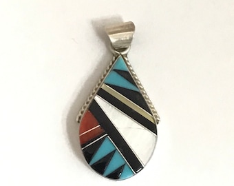 Native American Zuni Handmade Sterling Silver Turquoise Multi Stone Inlay Pendant