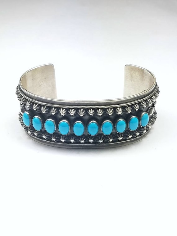 Museum Quality Vintage Navajo Turquoise Coral Native American Jewelry Silver Row Bracelet Museum Quality Vintage Navajo Turquoise Coral Native American Jewelry Silver Row Bracelet