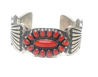 Native American Navajo handmade Sterling Silver and Coral cuff bracelet