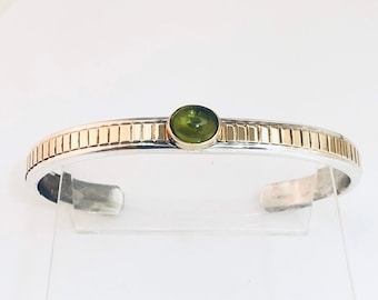 Native American Handmade Navajo Sterling Silver with 14kt Gold Overlay and Peridot Cuff Bracelet