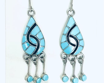 Native American Zuni Handmade Sterling Silver Turquoise Inlay Dangle Stud Earrings