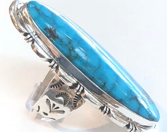 Huge Native American Navajo handmade sterling silver kingman Turquoise Long ring