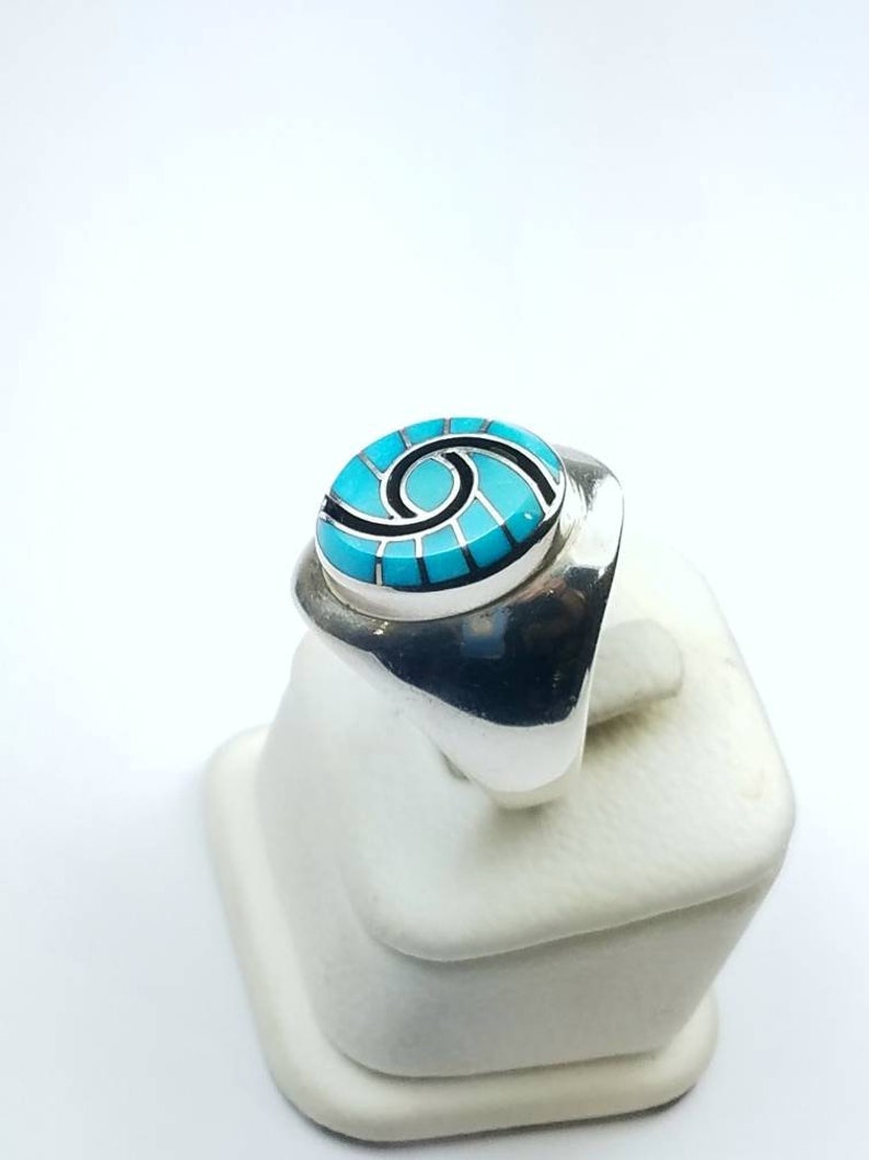 Native American Zuni handmade Sterling Silver Turquoise inlay ring