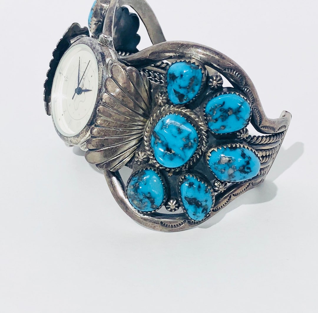Vintage Navajo Morenci Turquoise Sterling Silver Watch Cuff Bracelet - Etsy