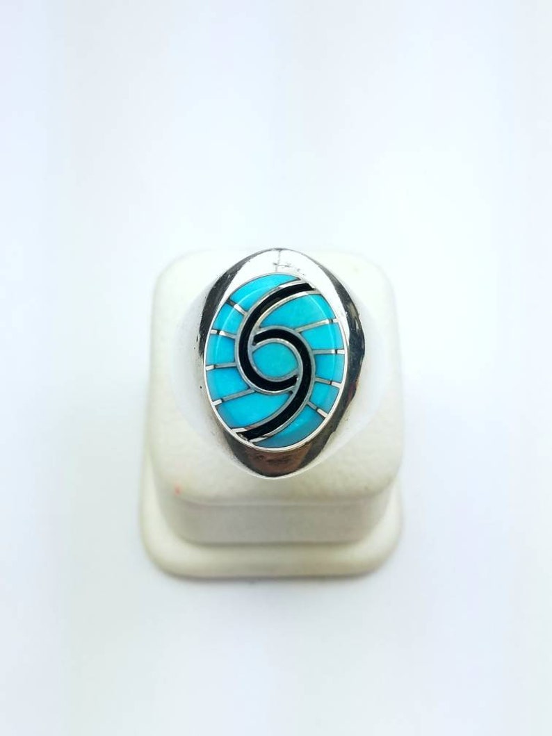 Native American Zuni handmade Sterling Silver Turquoise inlay ring
