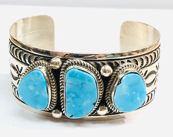 Native American Navajo handmade sterling silver turquoise cuff bracelet