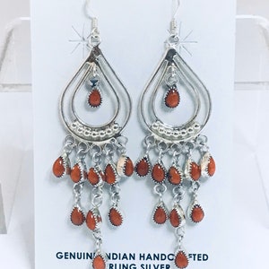 Stunning Native American Navajo Handmade Sterling Silver Coral Chandelier Earrings