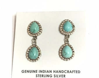 Native American Navajo Handmade Sterling Silver Turquoise Dangle Earrings