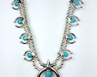 Native American Navajo handmade Sterling Silver and genuine Turquoise Squash Blossom necklace set