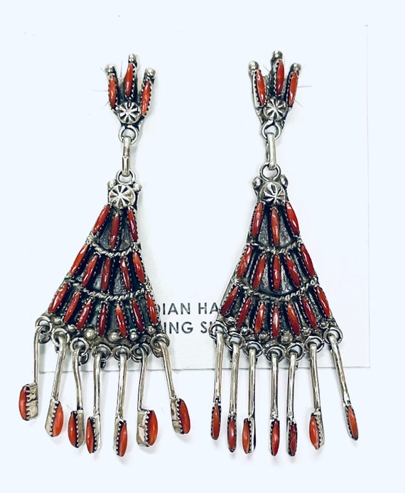 Marvelous Vintage Zuni Coral Sterling Silver Dangle Earrings Native American Old Marvelous Vintage Zuni Coral Sterling Silver Dangle Earrings Native American Old