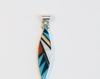 Native American Zuni handmade sterling silver multicolored inlay pendant
