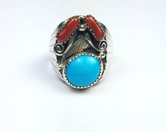 Native American Navajo handmade Sterling Silver Turquoise and Coral ring
