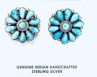 Native American Zuni Cluster Handmade Sterling Silver Turquoise Stud Earrings
