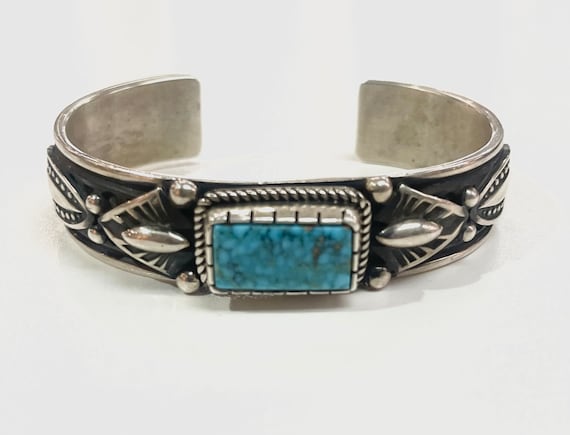 Amazing Vintage Native American Navajo Turquoise Sterling Silver Geometric Bracelet Amazing Vintage Native American Navajo Turquoise Sterling Silver Geometric Bracelet