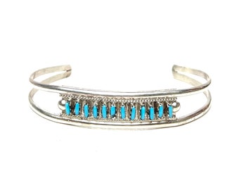 Native American Zuni handmade Sterling Silver Turquoise Needlepoint cuff bracelet