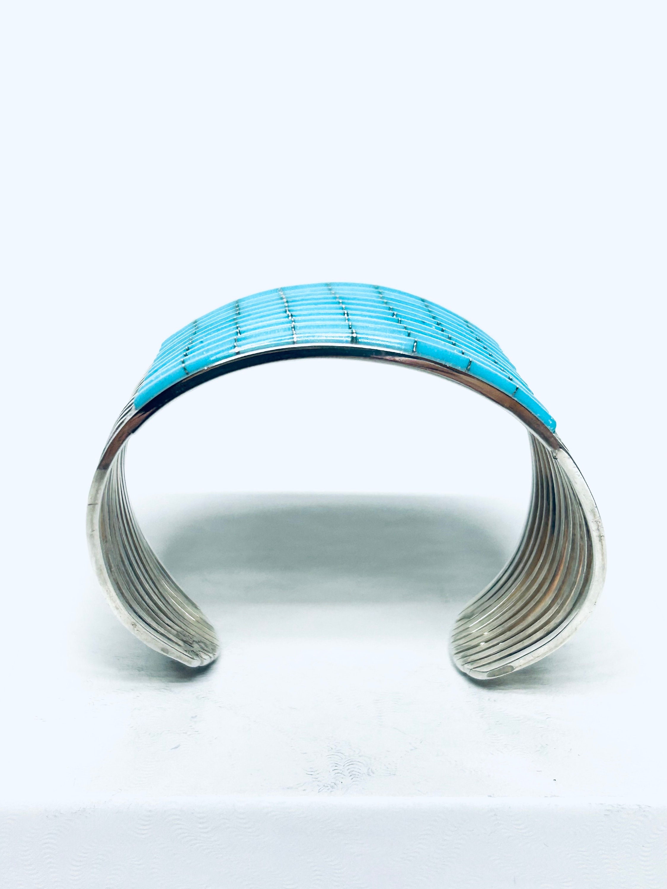 Native American Zuni Handmade Sterling Silver Turquoise Inlay Cuff ...