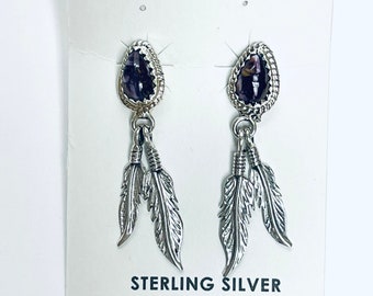 Native American Navajo Handmade Sterling Silver Feather Purple Spiny Oyster Shell Dangle Stud Earrings