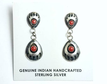 Native American Navajo handmade Sterling Silver Coral stone stud earrings