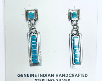 Native American Zuni Handmade Sterling Turquoise Inlay Dangle Stud Earrings