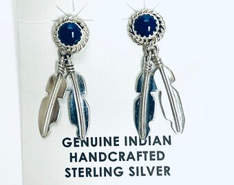 Native American Navajo Handmade Sterling Silver Lapis Dangle Stud Earrings