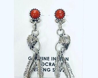 Native American Navajo Handmade Sterling Silver Feather Coral Dangle Earrings