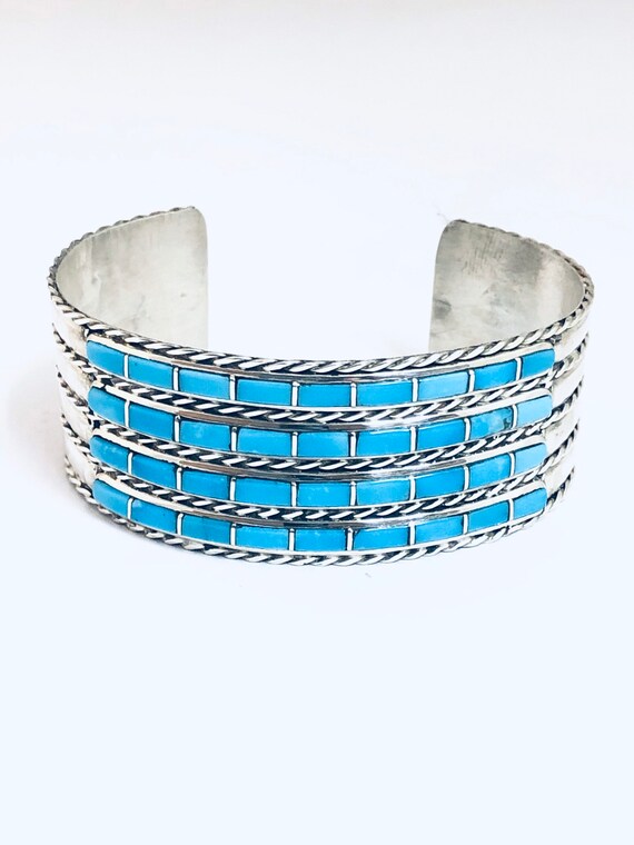 Thicker Native American Zuni Turquoise Sterling Silver Inlay Bracelet Thicker Native American Zuni Turquoise Sterling Silver Inlay Bracelet